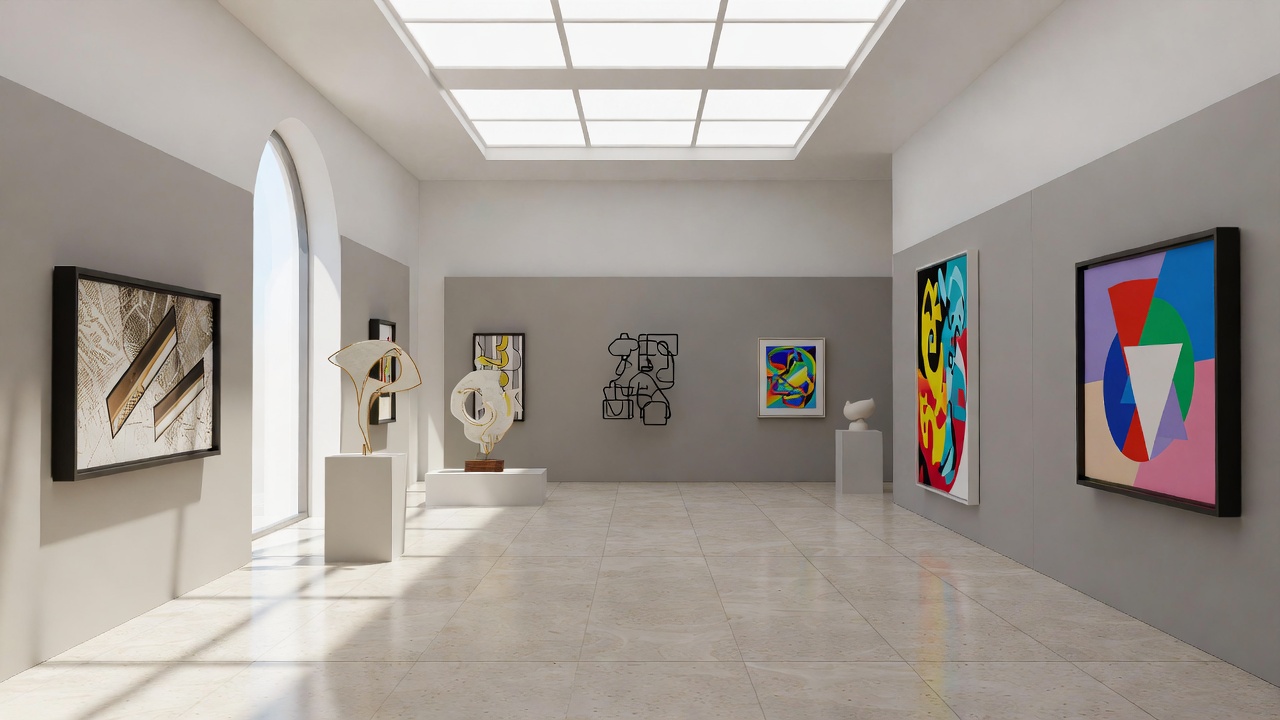 A 3D virtual art gallery: a skylit white room with framed abstract paintings on grey walls and sculptures on plinths