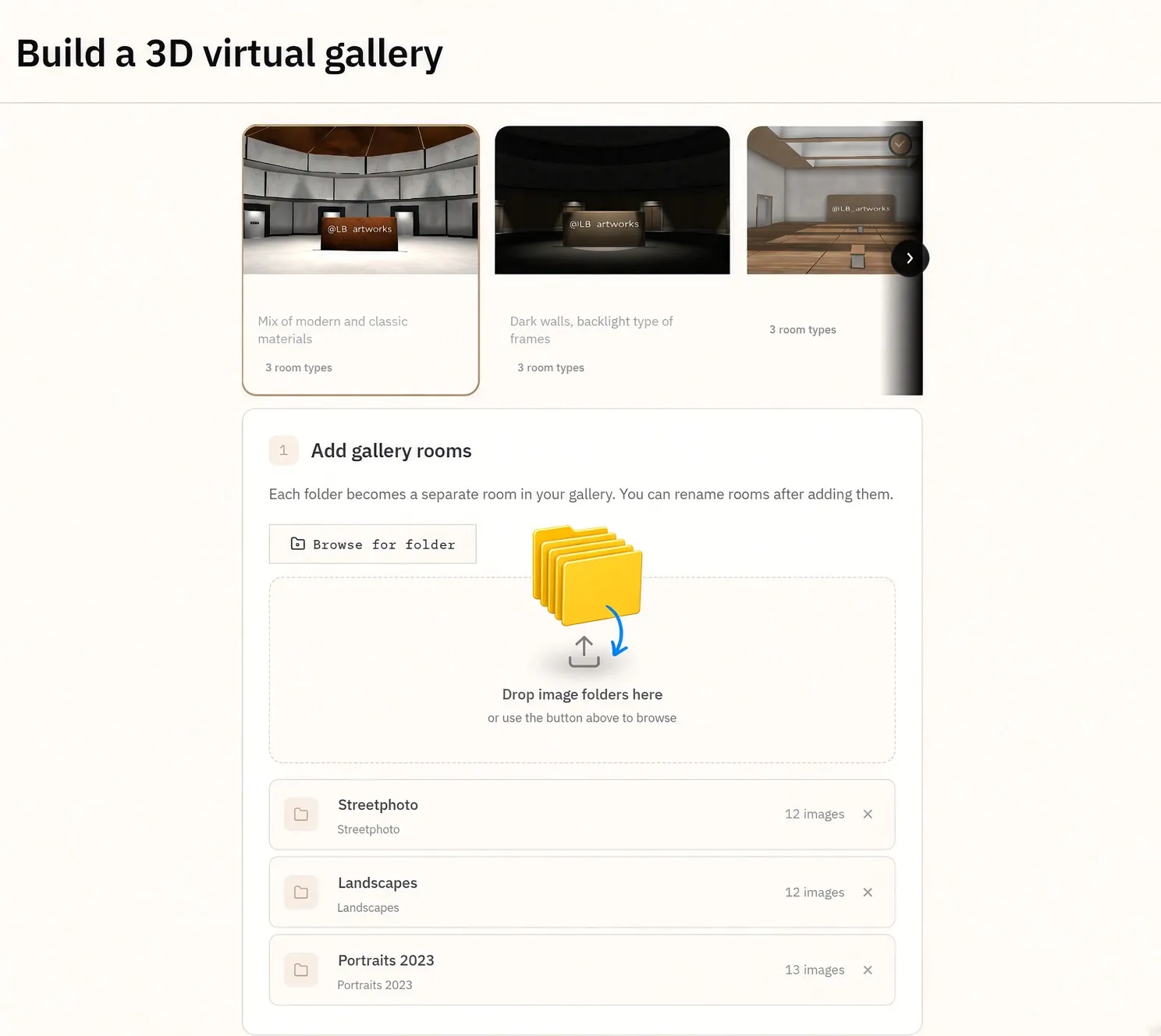 The OpenVGal builder: three gallery styles to choose from, and three image folders dropped in as rooms