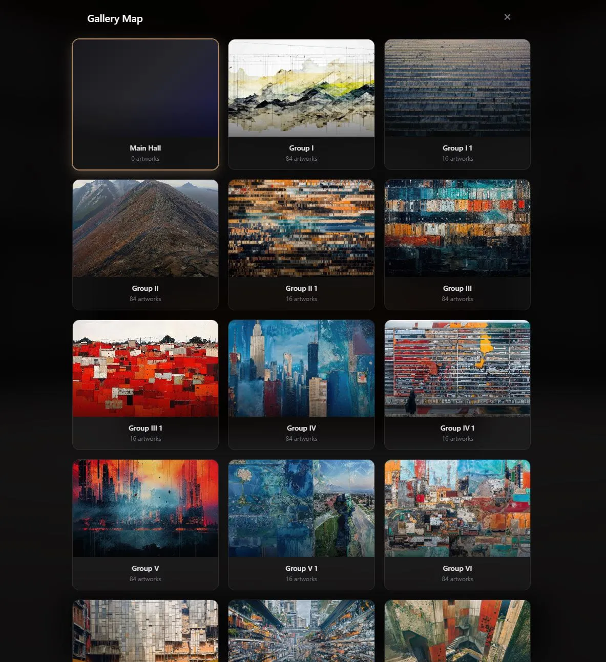 The OpenVGal gallery map: a grid of rooms, most holding 84 artworks each