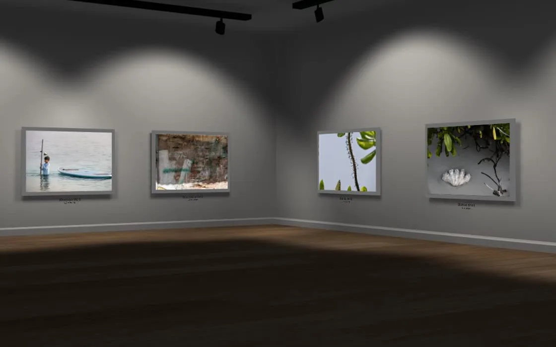 An OpenVGal gallery room: photographs placed automatically along grey walls under track lights